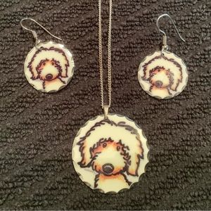 Golden Doodle Cameo Necklace & Drop Earrings Set